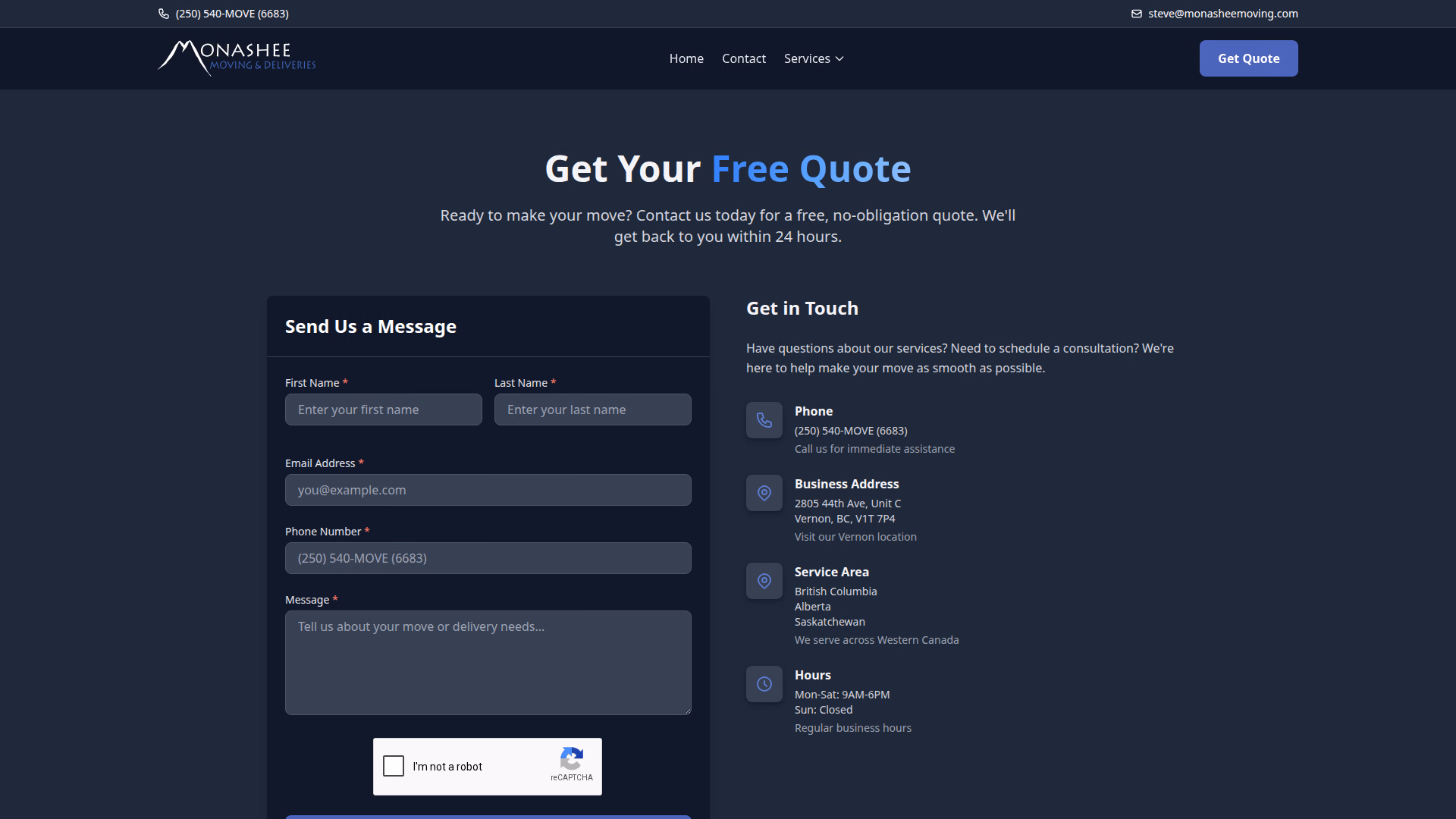Monashee Moving & Deliveries contact page (desktop)